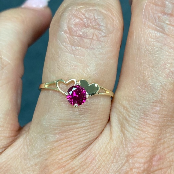 Solid 14K Yellow Gold Red Heart CZ Engagement Ring - Picture 10 of 14